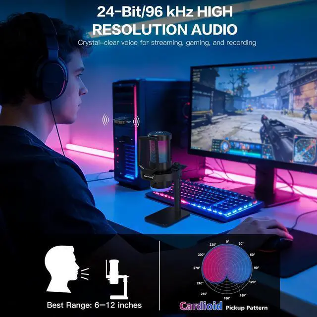Alt view image 2 of 6 - Wireless Microphone for PC Mac iPhone iPad & Android, USB Mic with Noise Reduction, Tap Mute and Volume Control, RGB Light and Real-Time Monitoring, for Podcasting Streaming Gaming & TikTok