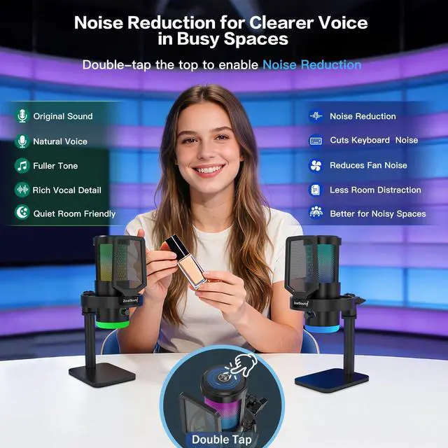 Alt view image 3 of 6 - Wireless Microphone for PC Mac iPhone iPad & Android, USB Mic with Noise Reduction, Tap Mute and Volume Control, RGB Light and Real-Time Monitoring, for Podcasting Streaming Gaming & TikTok