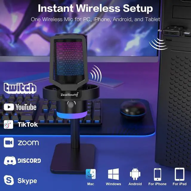 Alt view image 4 of 6 - Wireless Microphone for PC Mac iPhone iPad & Android, USB Mic with Noise Reduction, Tap Mute and Volume Control, RGB Light and Real-Time Monitoring, for Podcasting Streaming Gaming & TikTok
