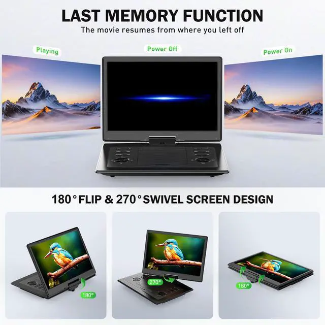 Alt view image 3 of 6 - 17.3" Portable DVD Player with Bluetooth Hadphones and Carrying Bag,15.4" Wide-Viewing-Angle HD Screen,6-Hours Rechargeable Battery,Car DVD Player for Kids,Support Bluetooth/HDMI in/AV/CD/VCD/DVD/USB