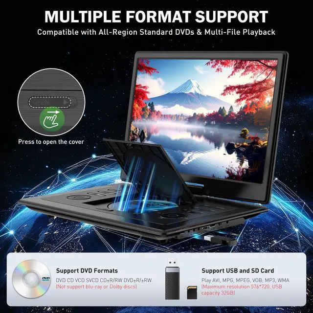 Alt view image 4 of 6 - 17.3" Portable DVD Player with Bluetooth Hadphones and Carrying Bag,15.4" Wide-Viewing-Angle HD Screen,6-Hours Rechargeable Battery,Car DVD Player for Kids,Support Bluetooth/HDMI in/AV/CD/VCD/DVD/USB
