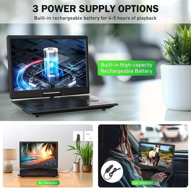 Alt view image 5 of 6 - 17.3" Portable DVD Player with Bluetooth Hadphones and Carrying Bag,15.4" Wide-Viewing-Angle HD Screen,6-Hours Rechargeable Battery,Car DVD Player for Kids,Support Bluetooth/HDMI in/AV/CD/VCD/DVD/USB