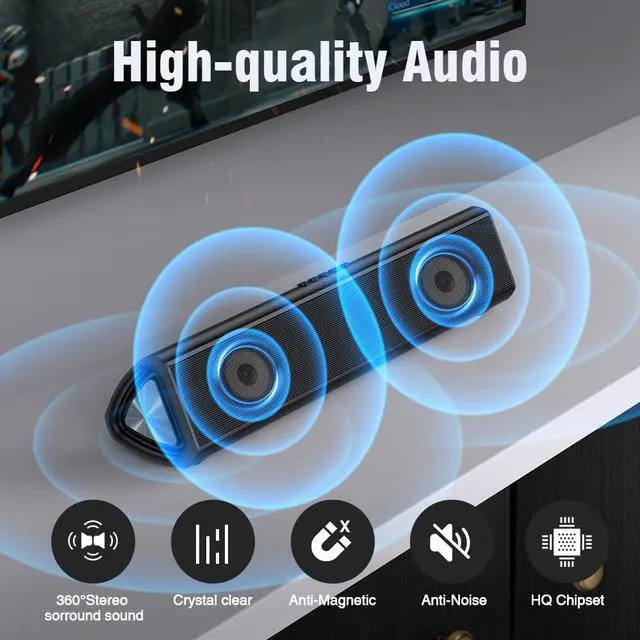 Alt view image 2 of 4 - 50W 2.0CH Sound Bar for Smart TV with Bluetooth 5.0 | Optical, coaxial, AUX, USB inputs. 3 EQ modes, adjustable bass/treble. Compact size for TV, PC, gaming, dorm