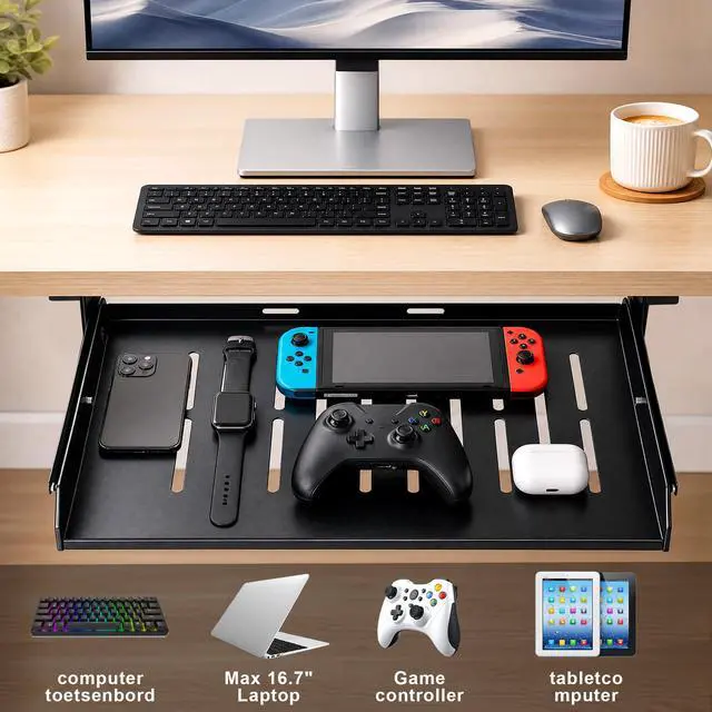 Alt view image 2 of 5 - Under Desk Laptop Drawer with Air Vents, 16.3" x 12" Metal Laptop Drawer | Pull Out Under-Desktop Storage for Laptop & Accessories