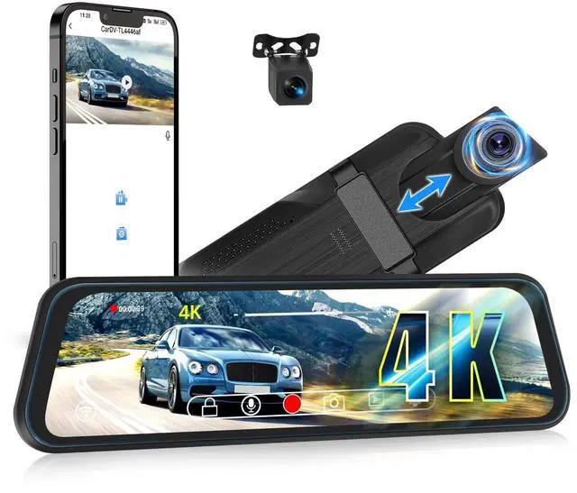 Main image of 4K Mirror Dash Cam Front and Rear, WiFi Rear View Mirror Camera, 9.66" Full Touch Screen, Dash Camera for Cars, Night Vision, G-Sensor, Loop Recording, Reverse Assist