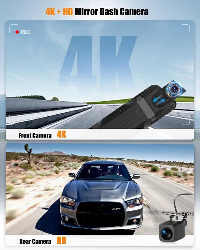 Alt view image 2 of 6 - 4K Mirror Dash Cam Front and Rear, WiFi Rear View Mirror Camera, 9.66" Full Touch Screen, Dash Camera for Cars, Night Vision, G-Sensor, Loop Recording, Reverse Assist