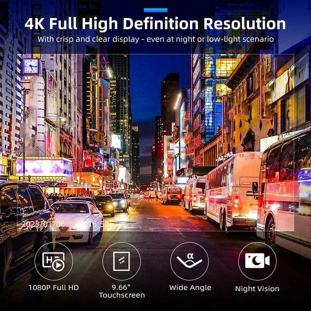 Alt view image 3 of 6 - 4K Mirror Dash Cam Front and Rear, WiFi Rear View Mirror Camera, 9.66" Full Touch Screen, Dash Camera for Cars, Night Vision, G-Sensor, Loop Recording, Reverse Assist