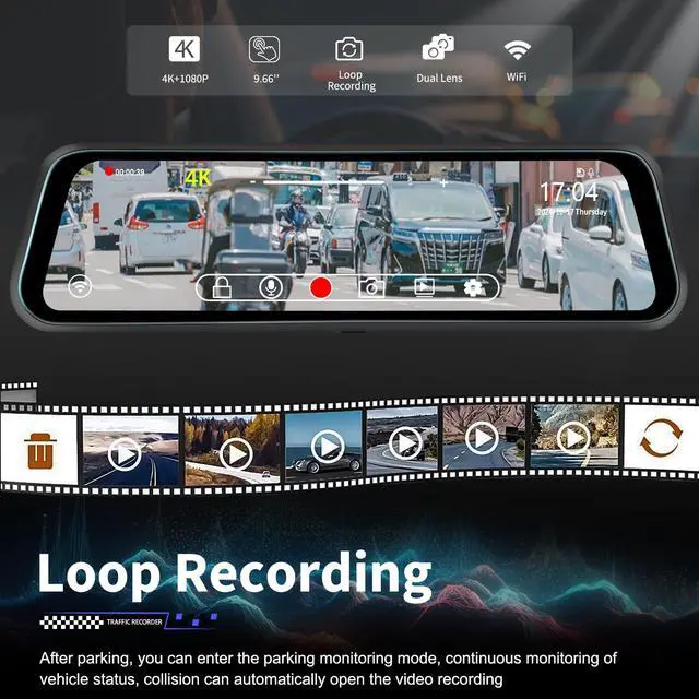 Alt view image 4 of 6 - 4K Mirror Dash Cam Front and Rear, WiFi Rear View Mirror Camera, 9.66" Full Touch Screen, Dash Camera for Cars, Night Vision, G-Sensor, Loop Recording, Reverse Assist