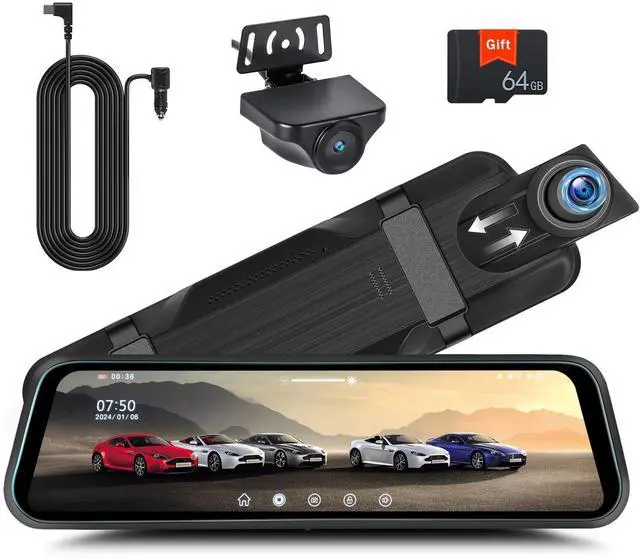 Main image of Rear View Mirror Camera, Mirror Dash Cam for Car 1080P Front & Rear Mirror Cameras 9.66 Inch HD IPS Full Touch Screen 64G Card Night Vision Motion Detection Loop Recording 24H Parking Monitor