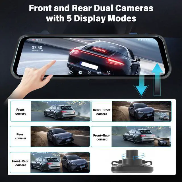 Alt view image 6 of 6 - Rear View Mirror Camera, Mirror Dash Cam for Car 1080P Front & Rear Mirror Cameras 9.66 Inch HD IPS Full Touch Screen 64G Card Night Vision Motion Detection Loop Recording 24H Parking Monitor