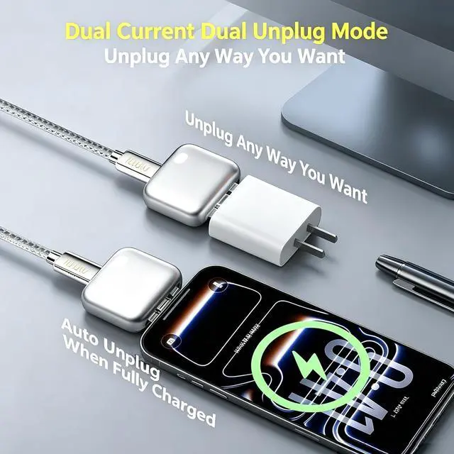 Alt view image 2 of 6 - Smart Auto Disconnect Charger with USB-C Cable, 140W Auto Shut Off Phone Charger, PD3.1 Passthrough, Dual-Mode, Full Charge Disconnector for Phones, Laptops and Tablets and More