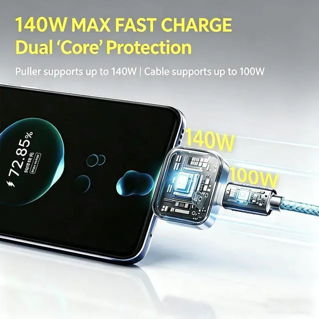 Alt view image 5 of 6 - Smart Auto Disconnect Charger with USB-C Cable, 140W Auto Shut Off Phone Charger, PD3.1 Passthrough, Dual-Mode, Full Charge Disconnector for Phones, Laptops and Tablets and More