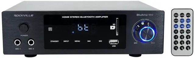 Main image of BluAmp 150 Home Stereo Bluetooth Amplifier Receiver, 75W x 2 | Optical/Phono/RCA Inputs, USB/SD Playback, 2 Mic Jacks for Karaoke, Class D, Remote Included