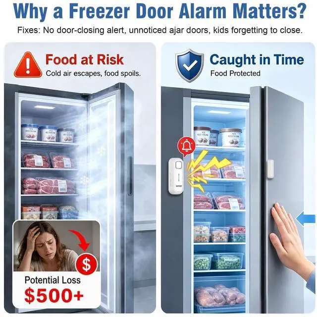 Alt view image 2 of 6 - Freezer Door Alarm When Left Open with 0-4Mins Delay, White 1PC | 0-120dB Adjustable Volume, Freezer Alarm Prevent Food Spoilage from Doors Left Open, Garage And Basement Use