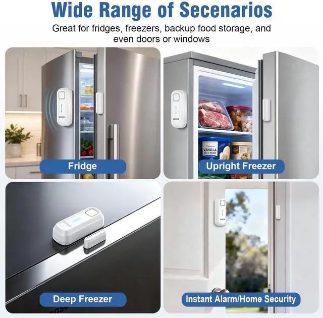 Alt view image 5 of 6 - Freezer Door Alarm When Left Open with 0-4Mins Delay, White 1PC | 0-120dB Adjustable Volume, Freezer Alarm Prevent Food Spoilage from Doors Left Open, Garage And Basement Use