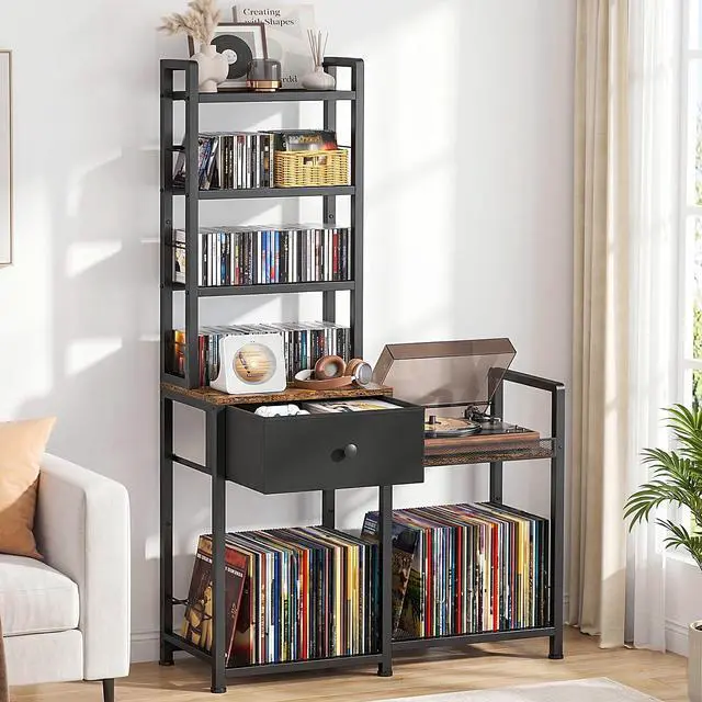 Alt view image 2 of 6 - CD Rack with Drawer, 7-Tier DVD Organizer Shelf with Vinyl Storage | Media Storage Rack for CDs/DVDs, Vinyl Records, Books & Games, Ideal for Living Room & Home Office, 32.1x11.8x57.2 in, Brown