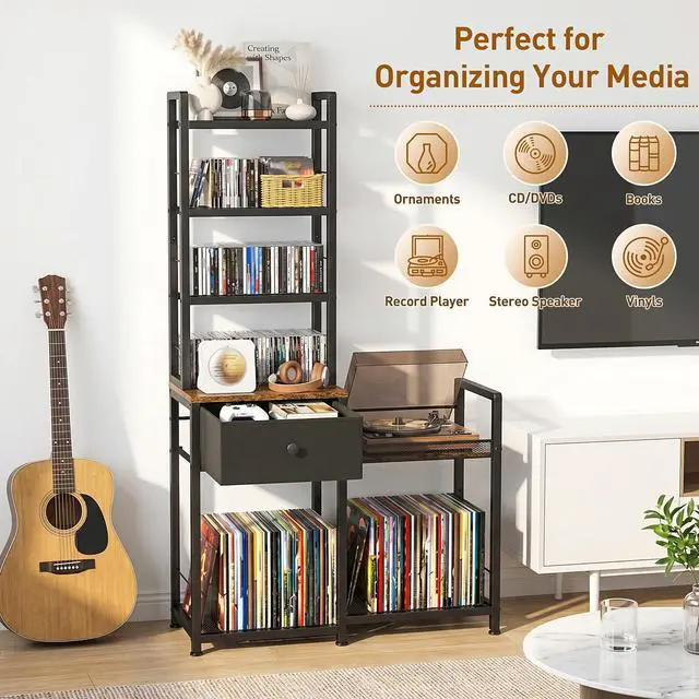 Alt view image 3 of 6 - CD Rack with Drawer, 7-Tier DVD Organizer Shelf with Vinyl Storage | Media Storage Rack for CDs/DVDs, Vinyl Records, Books & Games, Ideal for Living Room & Home Office, 32.1x11.8x57.2 in, Brown