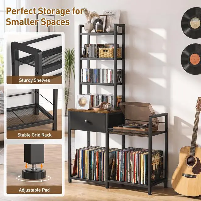 Alt view image 4 of 6 - CD Rack with Drawer, 7-Tier DVD Organizer Shelf with Vinyl Storage | Media Storage Rack for CDs/DVDs, Vinyl Records, Books & Games, Ideal for Living Room & Home Office, 32.1x11.8x57.2 in, Brown