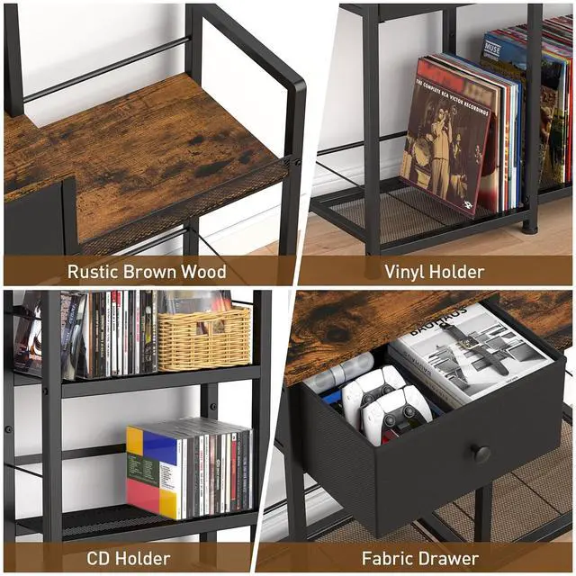 Alt view image 5 of 6 - CD Rack with Drawer, 7-Tier DVD Organizer Shelf with Vinyl Storage | Media Storage Rack for CDs/DVDs, Vinyl Records, Books & Games, Ideal for Living Room & Home Office, 32.1x11.8x57.2 in, Brown