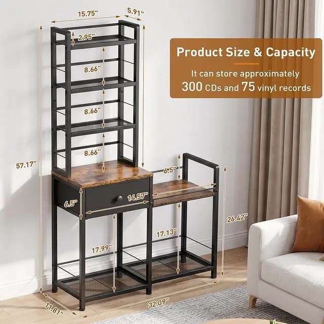 Alt view image 6 of 6 - CD Rack with Drawer, 7-Tier DVD Organizer Shelf with Vinyl Storage | Media Storage Rack for CDs/DVDs, Vinyl Records, Books & Games, Ideal for Living Room & Home Office, 32.1x11.8x57.2 in, Brown