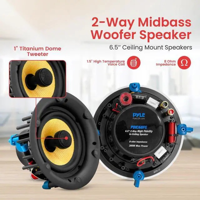 Alt view image 3 of 6 - 6.5" in-Ceiling in-Wall Speakers Pair - 2-Way Hi-Fi Flush Mount Speaker Set w/Magnetic Grills, 300W Max, 8 Ohm, 70Hz-22kHz, 7.9" Cutout - PDIC68FG