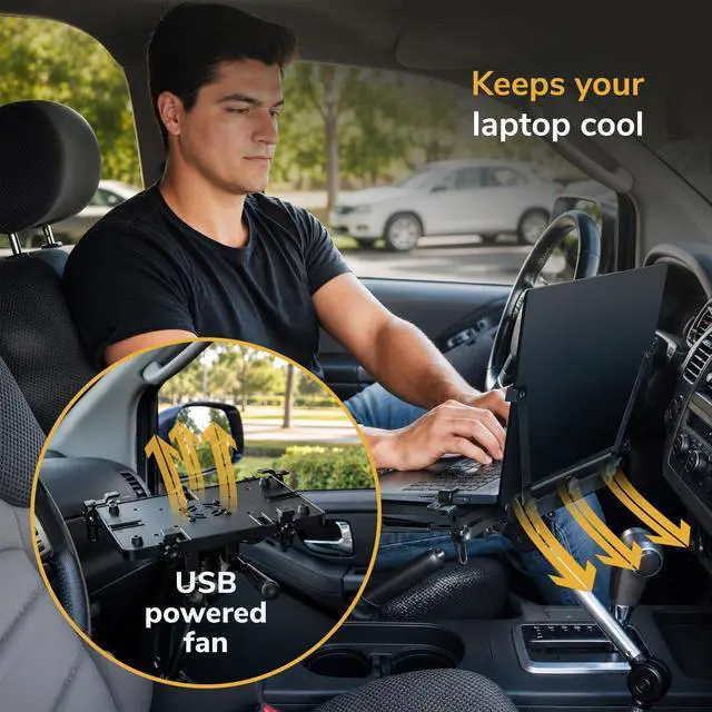 Alt view image 2 of 6 - Car Laptop Mount, No-Drill Passenger Seat Vehicle Stand for Up to 17 Laptops & Tablets, Full Motion with Lockable Joints & USB Cooling Fan