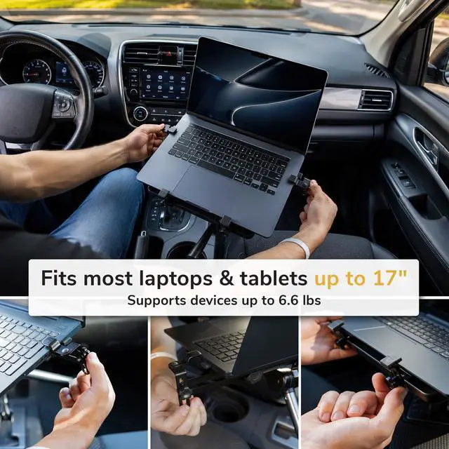 Alt view image 5 of 6 - Car Laptop Mount, No-Drill Passenger Seat Vehicle Stand for Up to 17 Laptops & Tablets, Full Motion with Lockable Joints & USB Cooling Fan