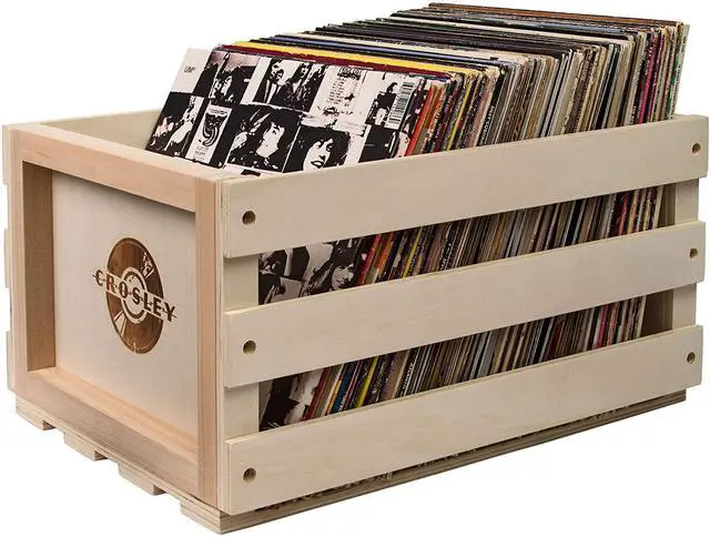 Main image of AC1004A-NA Vinyl Record Storage Crate, Natural | Holds Up to 75 Standard Records, Solid Wood, Easy to Assemble