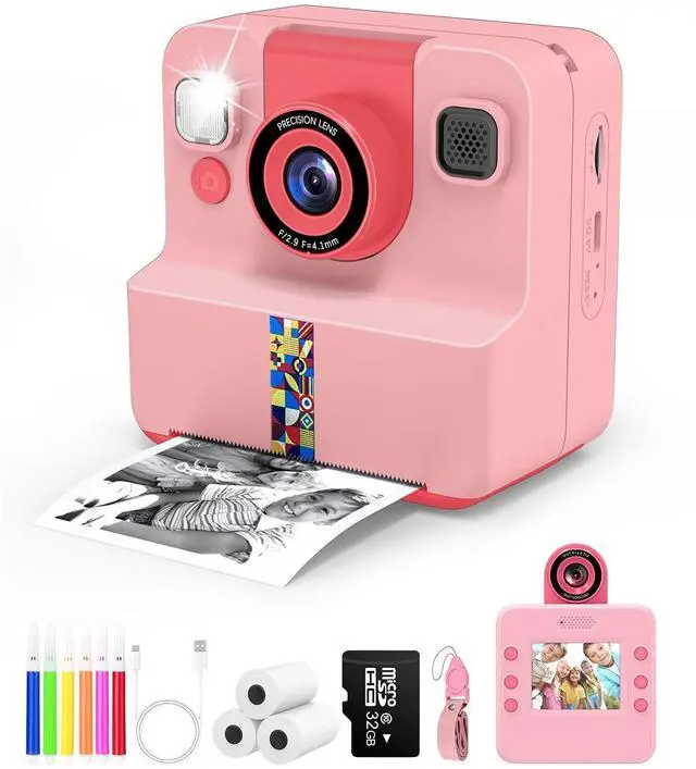 Main image of Kids Instant Print Camera, Selfie Camera Gift for Girls Boys 3-12, Pink | 2.4-inch kids print camera with 32GB card, 3 paper rolls, 5 pens, 1080P video, music and 5 games
