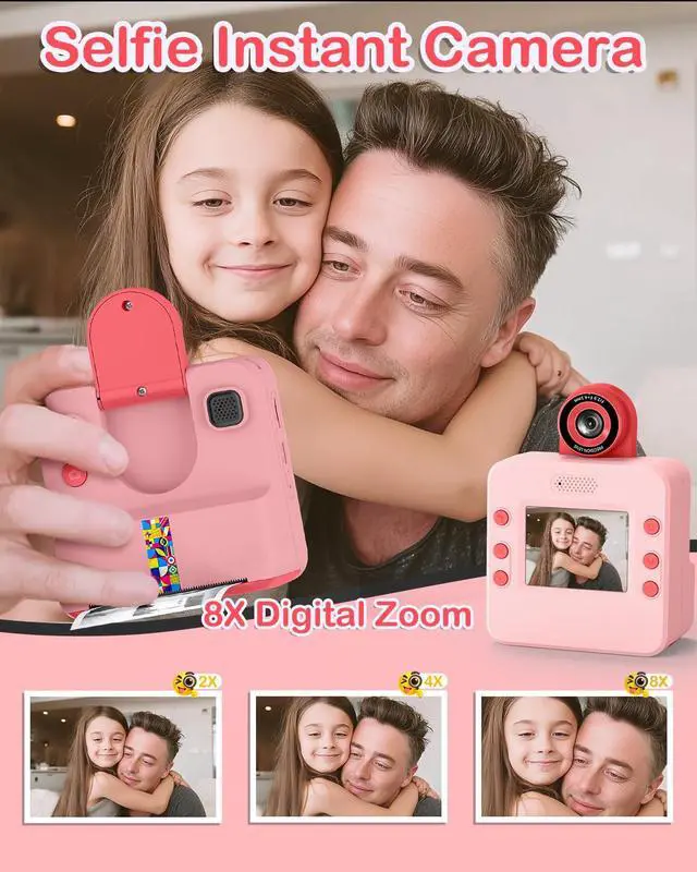 Alt view image 2 of 6 - Kids Instant Print Camera, Selfie Camera Gift for Girls Boys 3-12, Pink | 2.4-inch kids print camera with 32GB card, 3 paper rolls, 5 pens, 1080P video, music and 5 games