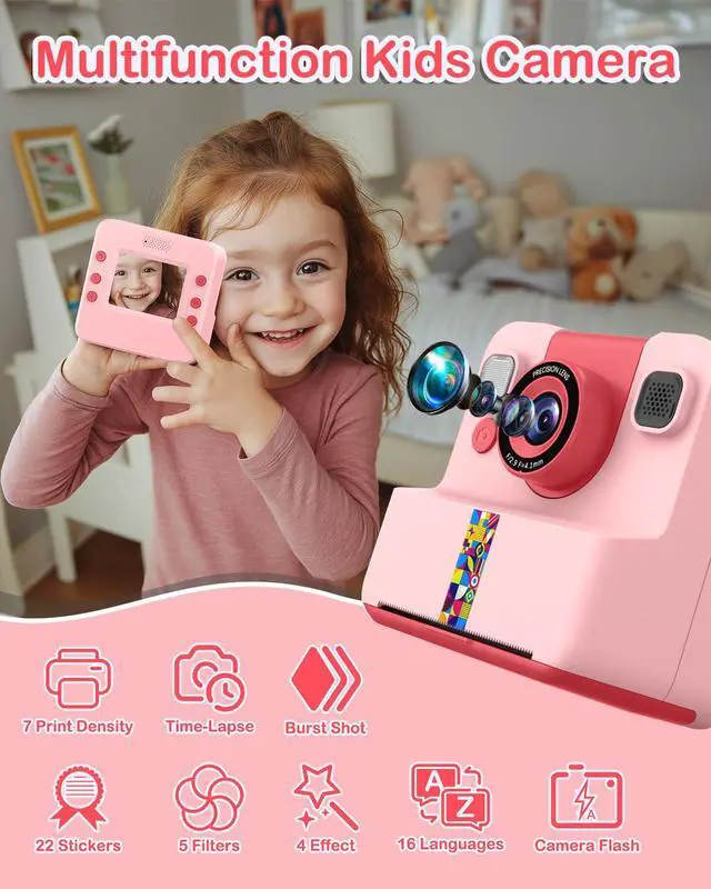 Alt view image 3 of 6 - Kids Instant Print Camera, Selfie Camera Gift for Girls Boys 3-12, Pink | 2.4-inch kids print camera with 32GB card, 3 paper rolls, 5 pens, 1080P video, music and 5 games