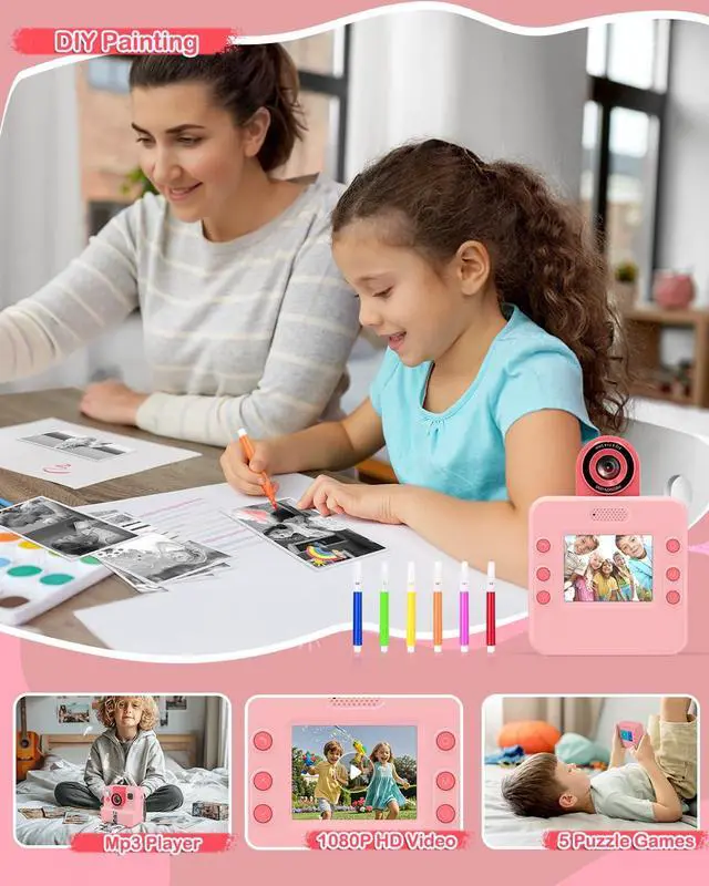 Alt view image 4 of 6 - Kids Instant Print Camera, Selfie Camera Gift for Girls Boys 3-12, Pink | 2.4-inch kids print camera with 32GB card, 3 paper rolls, 5 pens, 1080P video, music and 5 games