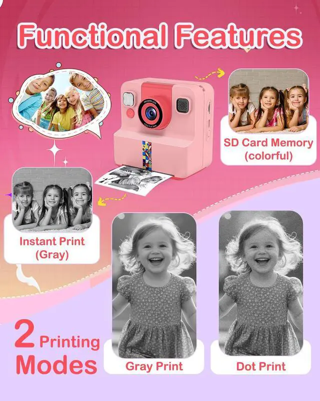 Alt view image 5 of 6 - Kids Instant Print Camera, Selfie Camera Gift for Girls Boys 3-12, Pink | 2.4-inch kids print camera with 32GB card, 3 paper rolls, 5 pens, 1080P video, music and 5 games