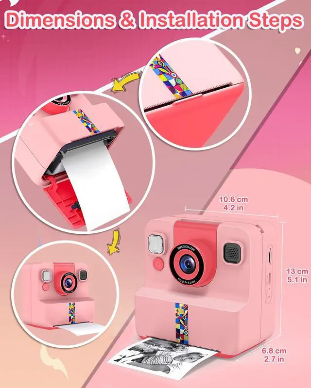 Alt view image 6 of 6 - Kids Instant Print Camera, Selfie Camera Gift for Girls Boys 3-12, Pink | 2.4-inch kids print camera with 32GB card, 3 paper rolls, 5 pens, 1080P video, music and 5 games