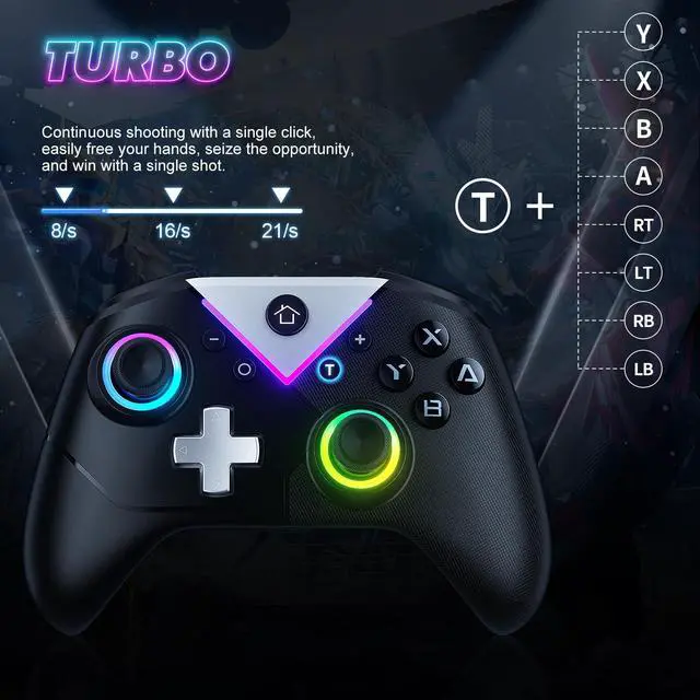 Alt view image 4 of 6 - RGB Wireless Controller with Turbo & Macro, 6-Axis Gyro, Dual Vibration, Screenshot Button Compatible with Nintendo Switch 2 / Switch 1 / Lite/OLED, PC - 2-Pack