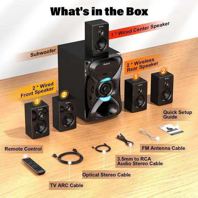 Alt view image 6 of 6 - 5.1 Home Theater Sound System Wireless Rear Satellite Speakers | 1000W Peak Punchy Bass 8 inch Subwoofer Surround Sound Systems with ARC Optical Bluetooth AUX Input for TV