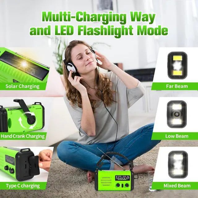 Alt view image 4 of 6 - Emergency NOAA Weather Radio AM/FM, with Portable Solar/Hand Crank/USB Charging, 20000mAh/74000mWh Rechargeable Battery and Flashlight SOS Siren Lamp for Indoor/Outdoor Emergencies