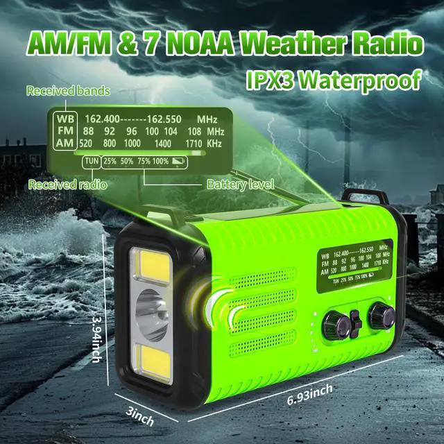 Alt view image 5 of 6 - Emergency NOAA Weather Radio AM/FM, with Portable Solar/Hand Crank/USB Charging, 20000mAh/74000mWh Rechargeable Battery and Flashlight SOS Siren Lamp for Indoor/Outdoor Emergencies