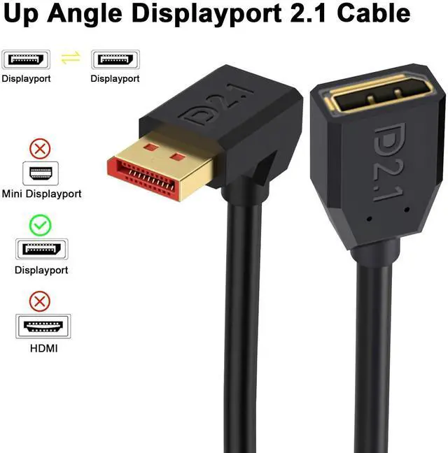 Alt view image 2 of 6 - 16K Displayport 2.1 Cable 1.5FT, 90 Degree Up Angle Displayport Extension Cable, 54Gbps DP Support for 16K@30Hz, 8K@120Hz, 4K@240Hz 165Hz, HDR, HDCP,Gaming Monitor, TV, Graphics