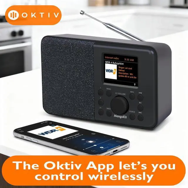 Alt view image 4 of 6 - SR10 WiFi Radio, Bluetooth, FM & Internet, Black | 60 presets, dual alarms, colour display, OKTIV App control, podcast player, mains or AA battery, headphone jack, compact