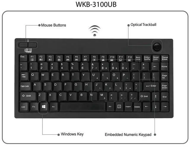 Alt view image 5 of 5 - WKB-3100UB Wireless Mini Trackball Keyboard, Compact 87-Key Layout | Built-in 800 DPI Optical Trackball, 24GHz RF Wireless Technology, USB Interface, 30-Foot Range