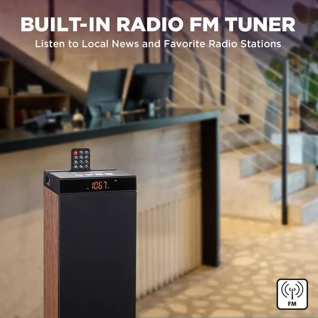 Alt view image 5 of 6 - Bluetooth Tower Speaker with Subwoofer Built in - Floorstanding Home Speaker with Powerful Bass and Dual Drivers, 120W Peak Power, MP3 3.5mm Aux, USB 2.0 Port Flash Drive, FM Radio (Walnut)