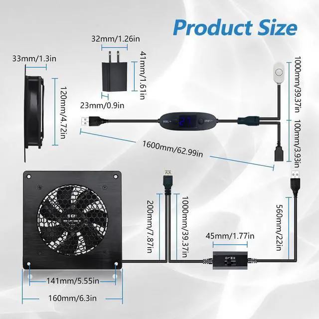 Alt view image 6 of 6 - 120mm USB Quiet Cabinets Cooling Fan System 6" with 0-60 Adjustable Thermostat Control, for Home Theater AV Cabinets,Plant House, pet Kennel