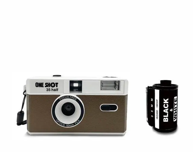 Main image of Point and Shoot 35mm Film Camera, Reusable Retro Half Frame Camera, Built in Flash, Included One Roll ASA/ISO 400 Black & White Film 18 Exp., (36 Shots) Battery Not Included (Brown Color)