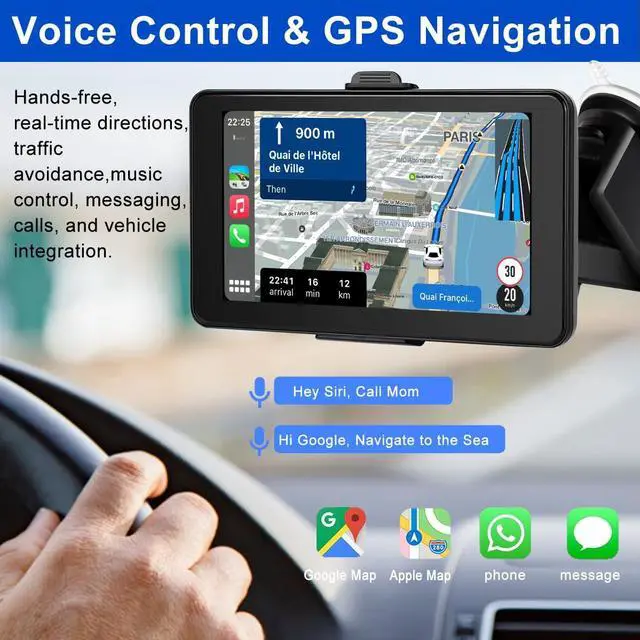 Alt view image 2 of 6 - 7-inch Portable Carplay Screen for Car Compatable with Apple CarPlay and Android Auto,Wireless Car Play Unit with GPS Navigation,Bluetooth,Mirror Link,Touch Screen for All Vehicles (7Inch)