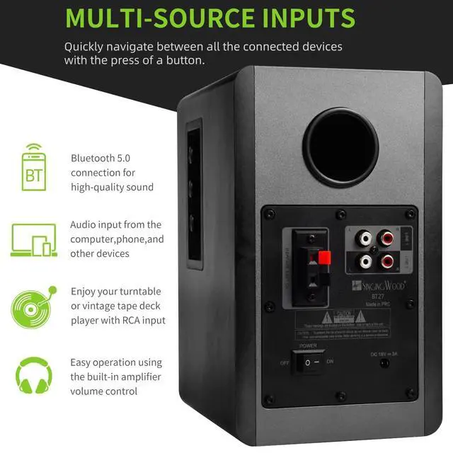 Alt view image 5 of 6 - BT27 Active Powered Bluetooth Bookshelf Speakers - 60W RMS Studio Monitor Speakers for PC, TV, Turntable - High Fidelity Wooden Enclosure with Remote Control - Black