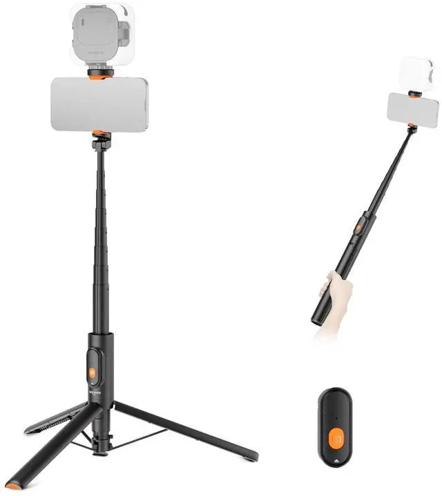Main image of 57.9" Selfie Stick Tripod Compatible with iPhone Samsung Android, Metal Portable Lightweight Travel Cell Phone Stand with Phone Holder Mount & Remote for Video Recording Filming, PA992 Black