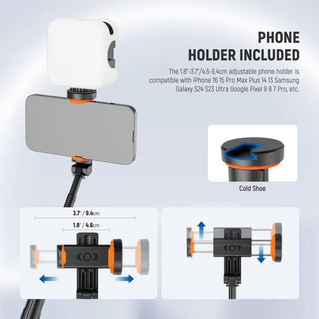 Alt view image 6 of 6 - 57.9" Selfie Stick Tripod Compatible with iPhone Samsung Android, Metal Portable Lightweight Travel Cell Phone Stand with Phone Holder Mount & Remote for Video Recording Filming, PA992 Black