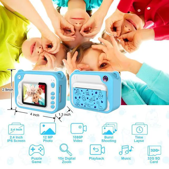 Alt view image 2 of 6 - Kids Instant Print Camera,Toddler Camera,1080P Video,32GB SD Card,Blue | Kids Instant Print Camera for Boys Girls Ages 3-12, Photo Printing Toy for Birthday, Christmas, Easter, Travel & Parties