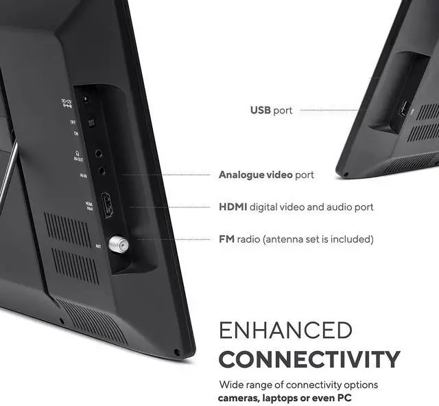 Alt view image 3 of 6 - 16" Portable TV LCD Monitor Battery Powered Wireless Capability HD-TV, HDMI, USB, RCA, AC/DC, FM Radio, Car Charger, Remote Control, Built in Stand Small Mini for Car & Traveling